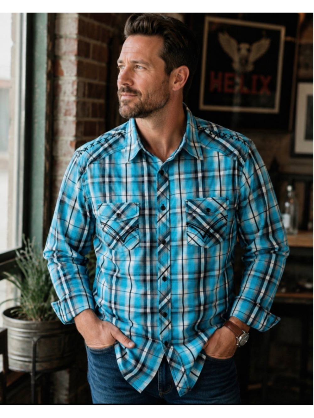 Helix Western Plaid Pearl Snap Shirt XL Bright Turquoise Aqua Black Whipstitch A